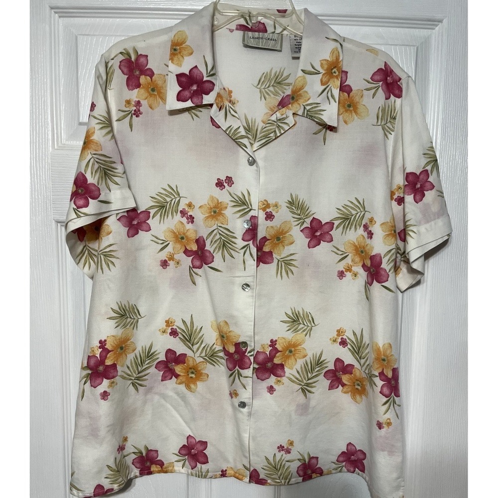 Lemon Grass Womens Size XL White Floral Short Sleeve‎ Button Up Linen Shirt